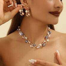 3 Peças/Conjunto Elegante Conjunto de Jóias com Colar de Pingente e Brincos de Pérola Falsa para Mulheres, Acessório de Noiva/Casamento