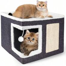 Cat Houses For Indoor Cats - Large Cat Bed Cave With Scratch Pad And Fluffy Ball, Foldable Cat Condo Hideaway With Reversible Cushion For Multi Small Pet, Dark Grey - 深灰色 - 查看 1