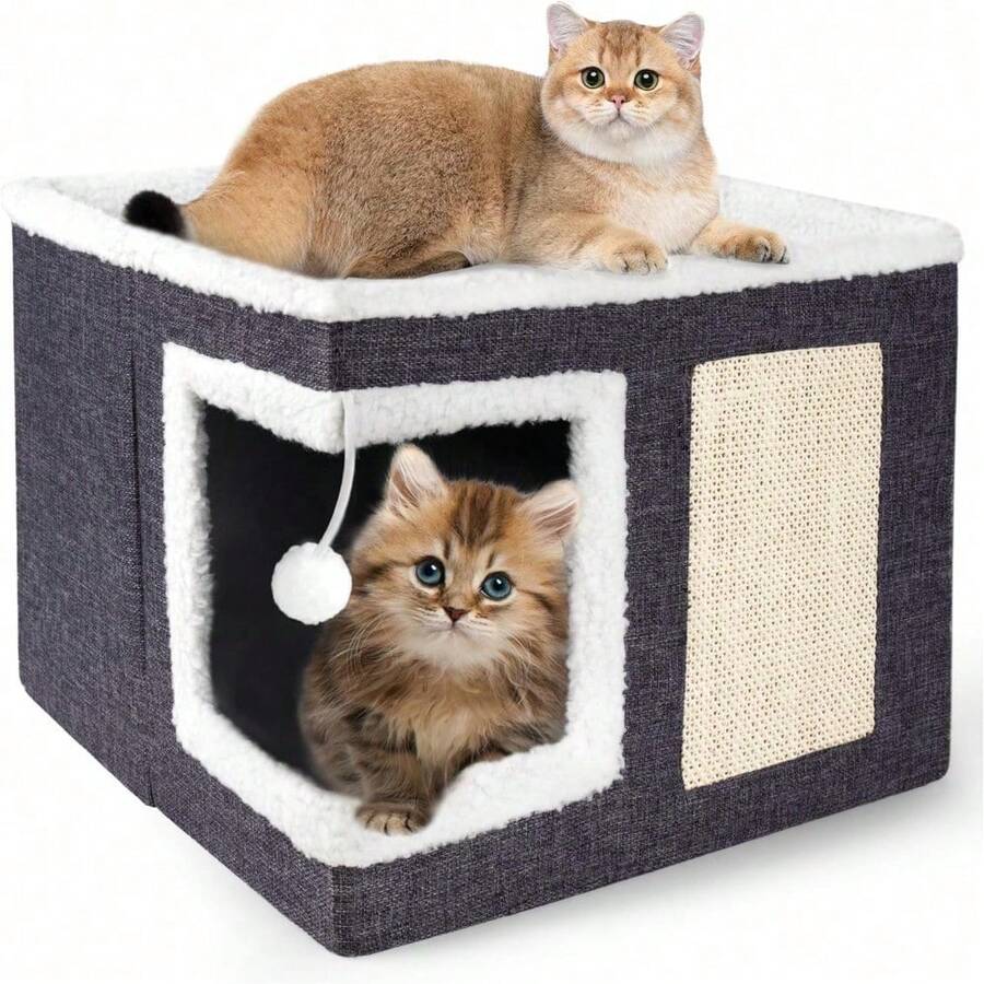 Cat Houses For Indoor Cats - Large Cat Bed Cave With Scratch Pad And Fluffy Ball, Foldable Cat Condo Hideaway With Reversible Cushion For Multi Small Pet, Dark Grey - 深灰色 - 查看 1