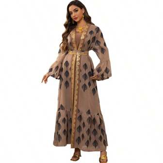 Abaya Modeklänning Mellanöstern Arabisk Dubai Morgonrock Mesh Broderi Set Dammorgonrock