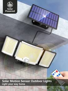 1 Pc - 346LED Solar Outdoor Light, Motion Sensor, Outdoor Solar Light, Solar Spotlight, With Remote Control And 3 Lighting Modes, Pedestrian Lights Off, 3 Solar Floodlights, Courtyard, Garage, Porch, Wall Lights With, 5M Cable Also For Indoor