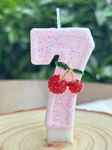 1 pieza Vela con número de cumpleaños, vela de cumpleaños con cereza, vela de pastel con lentejuelas como decoración, adecuada para celebraciones de aniversario de niñas y mujeres