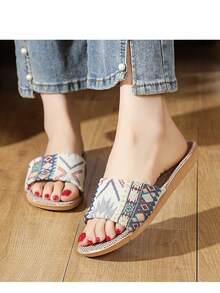 صندل شرائح من الكتان للنساء، أحذية منزلية مفتوحة من أمام، مضاد للانزلاق لجميع المواسم