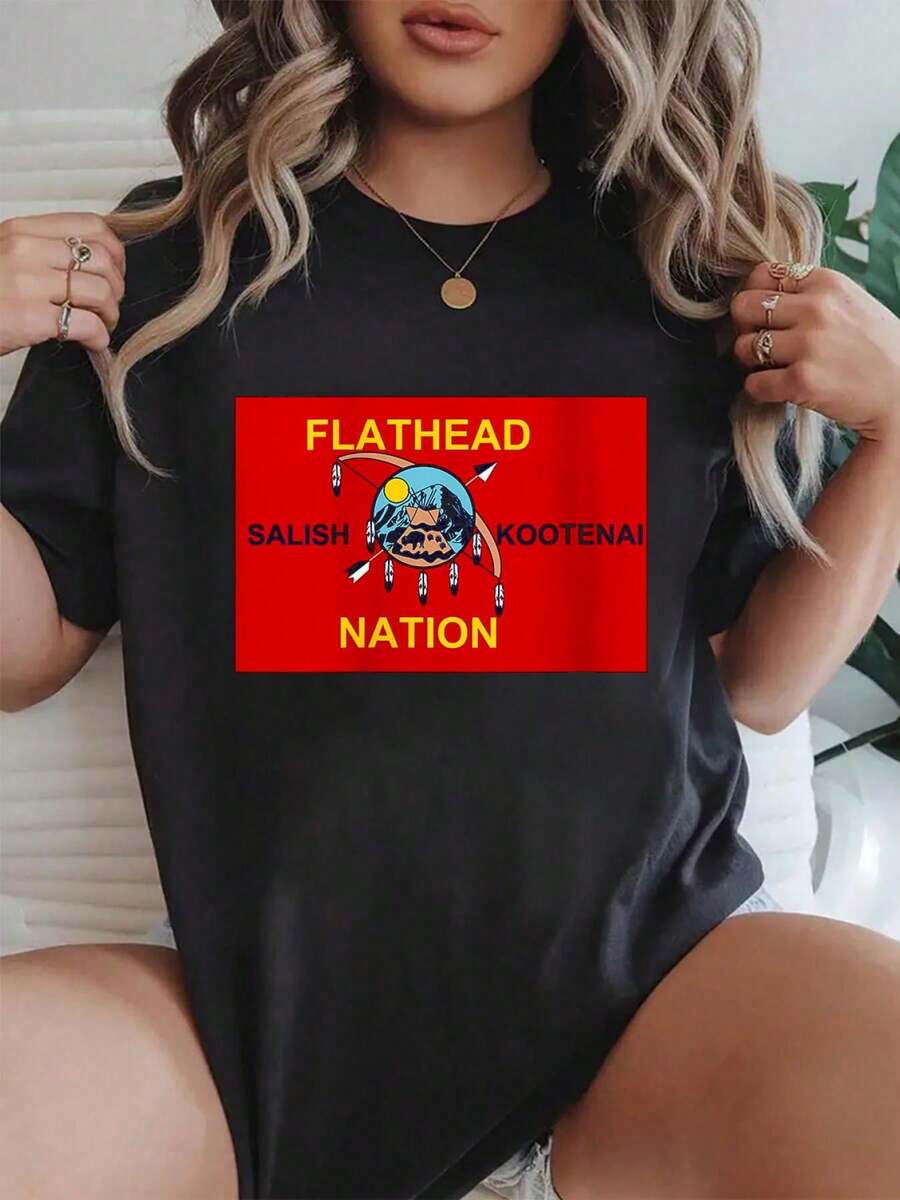 Womens Flathead Salish Kootenai Tribe  Reservation Flag O-Neck Women Graphic T-Shirt Cotton Print Short Sleeve Casual Top, Summer Tee Womens Tops - Black - View 1