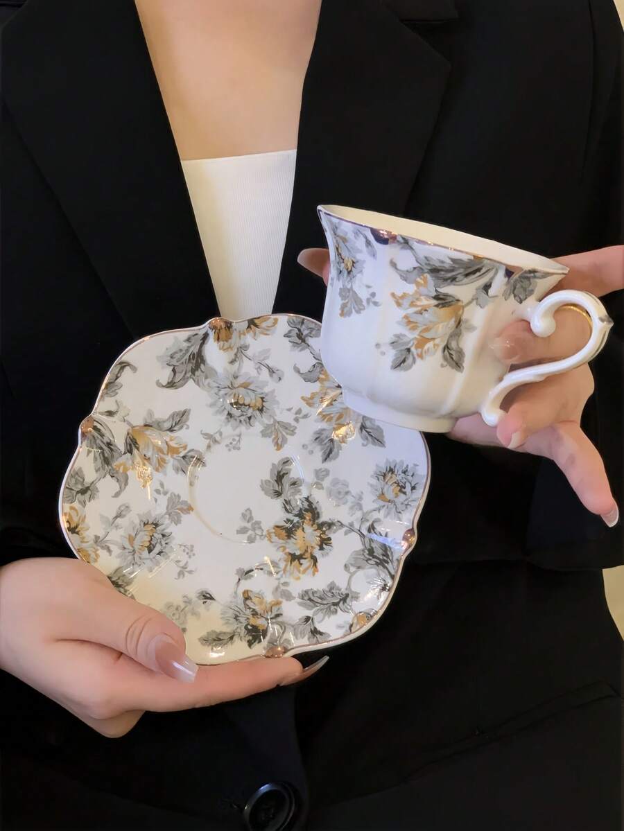 1 Set Hand-Painted Ink Flower Gold-Rimmed Ceramic Cup And Saucer Set, Vintage Style Coffee Cup And Saucer Set, Retro Ink Flower Gold-Rimmed Afternoon Tea Cup And Saucer Set, Suitable For Restaurant, Living Room, Cafe - Multicolor - View 1