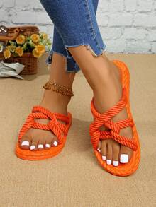 Women Flat Rope Sandals, Open-Toe Summer Dopaine, Full Orange Color Bright Cross, Slip-On Slippers Beach Vacation Braided Flax Sole - Orange - View 6