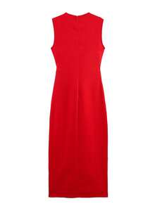 SHIBASHAN Damen elegantes rotes Midikleid mit rundem Ausschnitt, ärmellos, mit Gürtel, lässiger Sommerstil, einreihig, Tanktop, langes Kleid - Rot - Übersicht 6