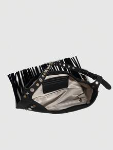 新款时尚春夏百搭铆钉流苏小众设计朋克西部街头波西米亚风单肩包斜挎包度假旅行黑色 - 黑色 - 查看 5