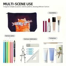 1 Stück süße Orange Katze und Fisch Muster Kosmetiktasche, leichter Make-up Organizer Beutel, multifunktionale Kulturtasche, ideal zum Reisen
