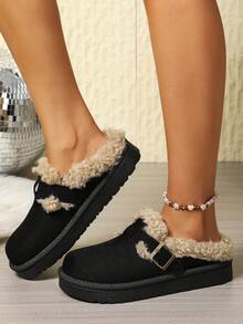 1 par de pantuflas estilo bohemio de unicolor, casuales, neutras, tipo universitario y para ir a la escuela, con adorno de tela y piel sintética, aptas para usar dentro y fuera, para el invierno