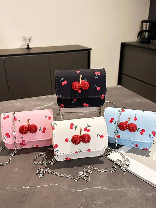 حقيبة كروس بودي صغيرة بطبعة الكرز الطازجة، جديدة من الخارج، صيفية لطيفة وحلوة، حقيبة أحمر شفاه صغيرة، حقيبة سلسلة كروس بودي، حقيبة كتف كورية موضة