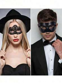 2 PIEZAS Máscaras de maquillaje de encaje negro y plástico diseñadas para hombres y mujeres, ofreciendo una opción elegante para eventos como bailes de máscaras, fiestas de Halloween, o celebraciones del Día de San Valentín