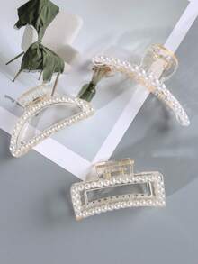 2pcs Elegant Semi-Circle Square Pearl Hair Clips, Gentle Lady Half-Up Hair Claw Clips For Ponytail, Bun, High-Sense Everyday, Party, Meeting, Valentine's Day, Thanksgiving, Birthday, Graceful Versatile Hair Accessory Fashion Hair Accessories - 2pcs Semicircle + Square - View 9