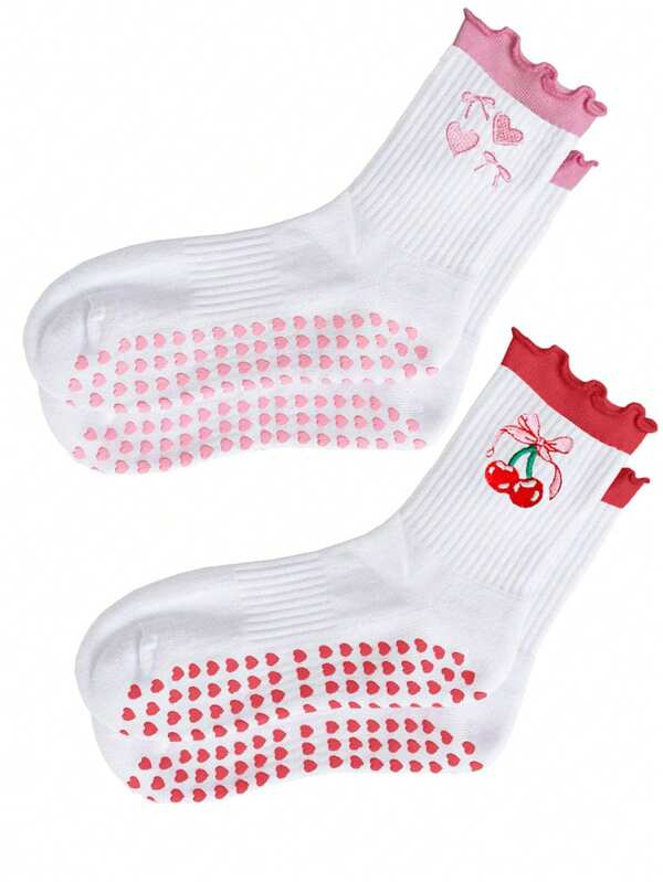 1 Pair Ruffled Yoga Socks, Heart Shaped Silicone Dots, Non-Slip For Yoga, Pilates, Fitness, Gymnastics, Cute & Breathable Ankle Socks For Daily Wear