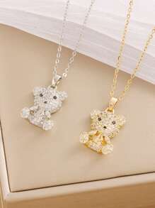 1pc Sweet Cute Iced Out Cubic Zirconia Bear Pendant Stainless Steel Necklace For Teen Girls Fashion Winter Holiday Party Christmas Decor Jewelry For Daily Life