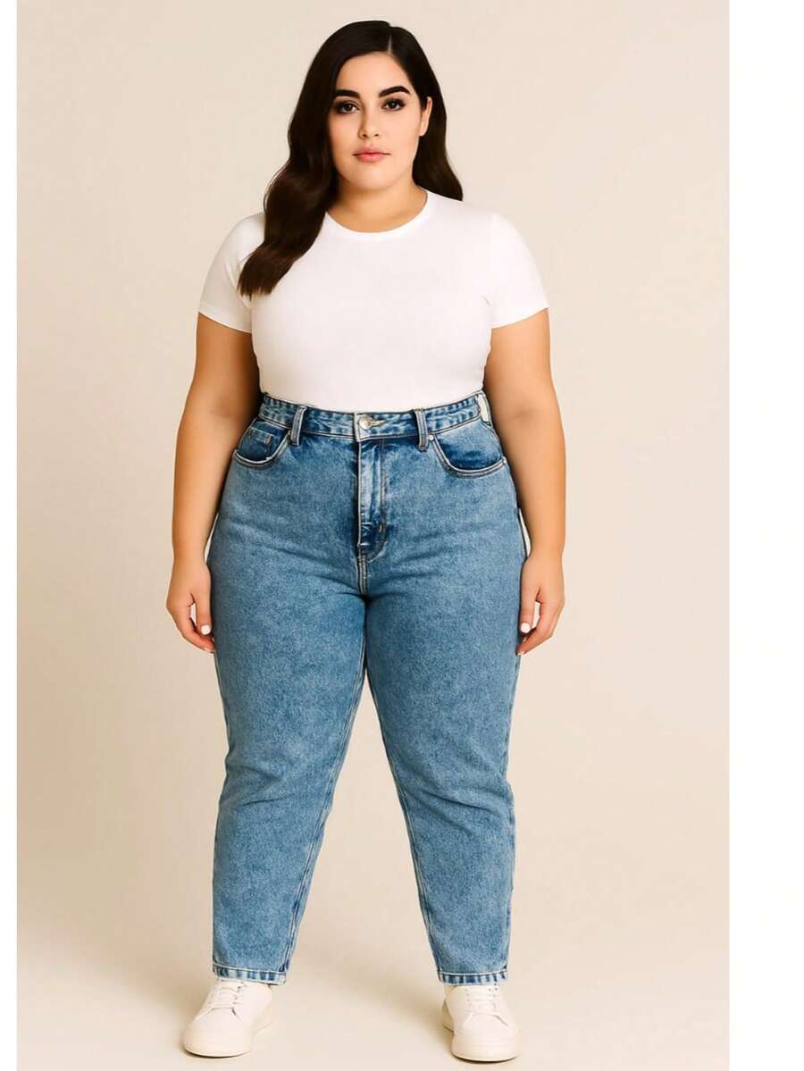 jeans plus size jeans talla grande  para mujer curvy con efecto acid wash denim - Azul lavado oscuro - Ver 1