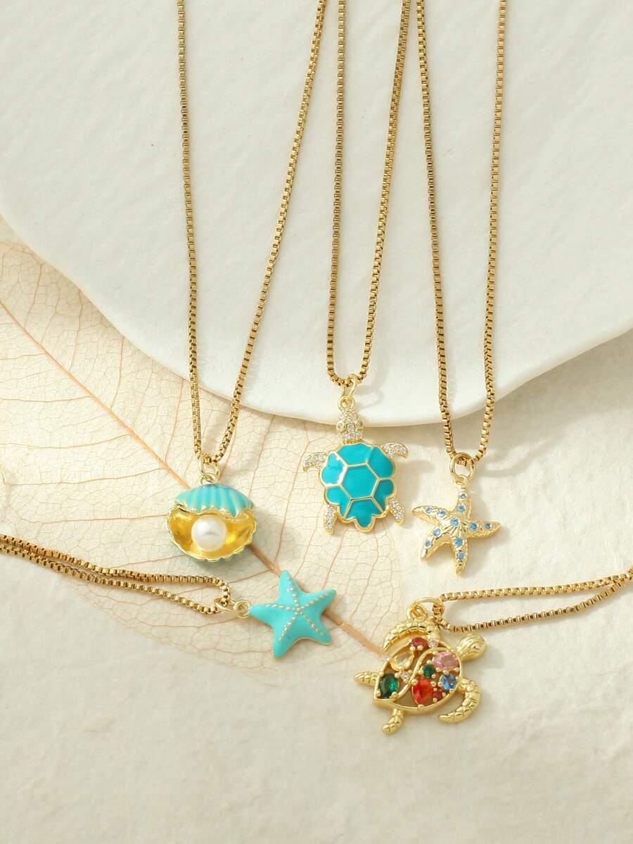 1pc Heart-Shaped Demon Eye, Star & Sun, Turtle, Bee, Conch Shaped Golden Pendant Necklace, Ocean Theme Stainless Steel Women's Jewelry - Yellow Gold - View 1