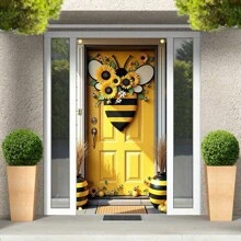 [Bee Theme Banner] Bee Theme 2D Door Banner 1 Piece 2D Fabric Door Cover Flag With Bee Details And Sunflower Design, Suitable For Spring, Camera Background And Indoor/Outdoor Event Party Decor