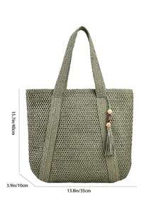 编织草编沙滩包，大容量手提包，带流苏，编织夏季手提包，女士钱包 - 綠色 - 查看 6