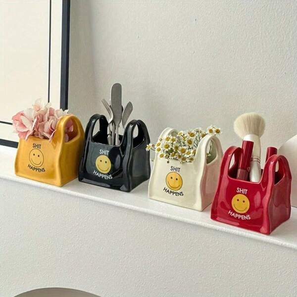 1 Pc Desktop Creative Ceramic Handbag Shaped Pen Holder, Remote Control Stationery Storage Box, Cosmetic Pen Container, Small Decor