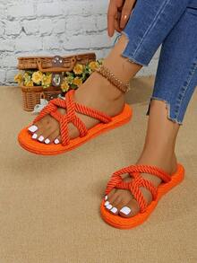 Women Flat Rope Sandals, Open-Toe Summer Dopaine, Full Orange Color Bright Cross, Slip-On Slippers Beach Vacation Braided Flax Sole - Orange - View 8
