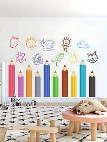 1 Pieza Pegatina de pared de crayón de pintura de colores, Pegatinas de PVC, Adecuado para decoración de pared del hogar, Temporada escolar, Decoración de embellecimiento, Pegatinas de pared autoadhesivas - Multicolor - Ver 10