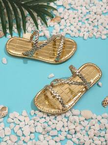 1 par de sandalias planas tejidas y ligeras para niñas, adecuadas para niños de 3 a 15 años para usar en casa o en la playa - Dorado - Ver 3