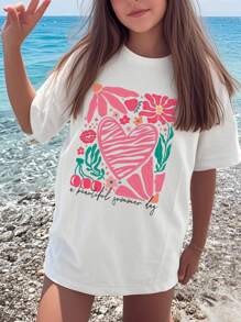 1 buc Tricou cu mânecă scurtă, cu guler rotund și imprimeu grafic casual pentru fete adolescente, îmbrăcăminte de vară pentru studenți - Tricou minimalist în stil englezesc care inspiră imaginația și exprimarea de sine