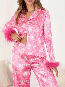 Women Christmas Pajamas Lounge Set Santa/Christmas Tree/Boots Print Shirts Tops And Pants 2 Piece Loungewear Outfits