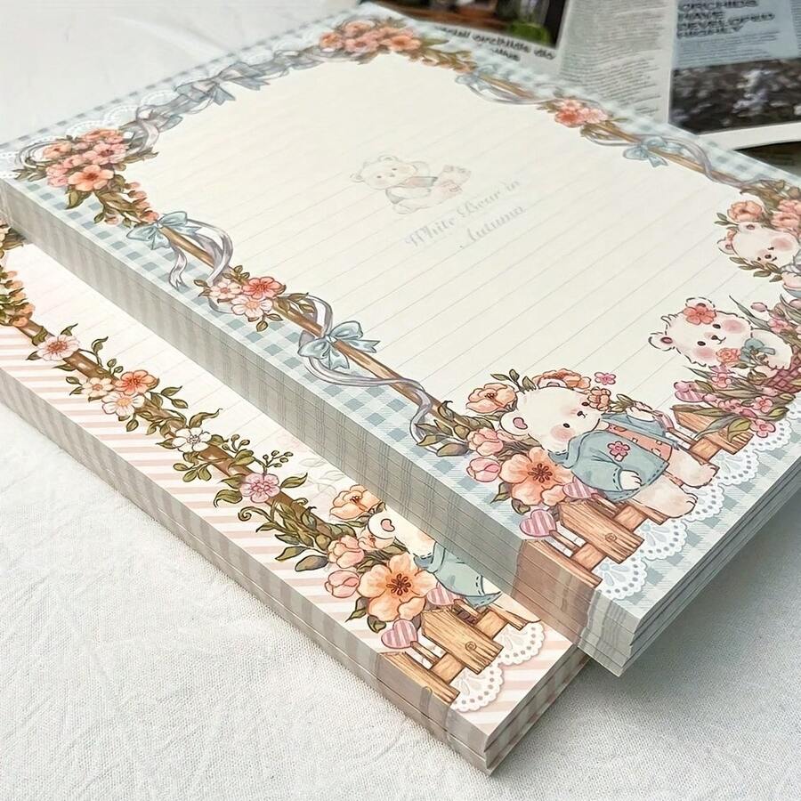 Notebook With 30 B5 Tear-Off Lined Notepaper, Cute Teddy Bear Design, Pastoral Style, Highly Attractive Gift School Supplies,Back To School