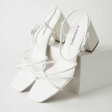 Women Strappy Square Toe Chunky Block Mid Heel Sandals – Cute Elegant Buckle Strap Heels For Spring/Summer Weddings, Bridesmaid, Date Night, Party, Prom & Business Casual Wear [Size Up Half Size] - 白色素食皮革 - 查看 5
