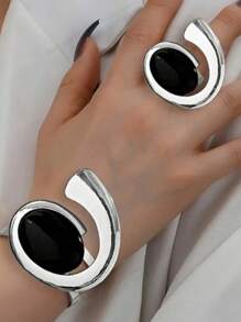 1 Set Fashion Metal Framed Pearl Half-Bangle Bracelet & Ring Set For Women