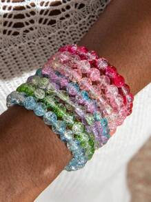 imoli 7pcs/Set Minimalist Gradient Glass Bead Bracelet Set For Women, Dopamine Color Jewelry, Perfect Daily Wear & Gift