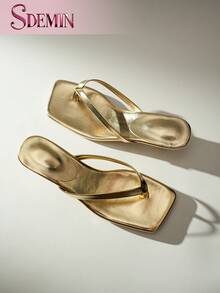 SDEMIN  Summer New Arrival Women's Solid Color Slippers, Elegant Vacation Shoes, Casual Beach High Heels Sandals, Fashionable Slip-On Heels For Dress - 金色 - 查看 3