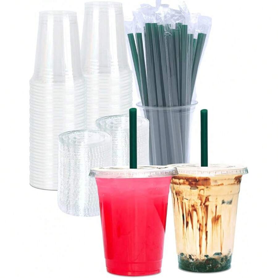 20 Oz Clear Plastic Cups With Lids And STRAWS, Disposable Drinking Cups For Cold Drinks, Iced Coffee, Milkshakes, Smoothies, 25 Sets - 16 Oz Cups - View 1