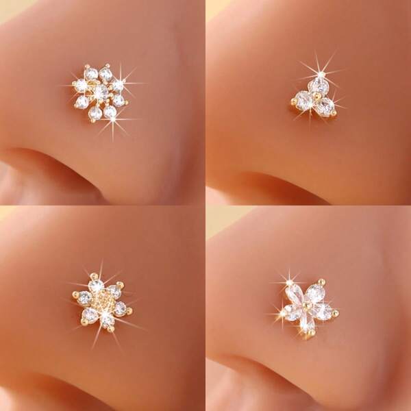 4 peças de piercings de nariz em formato de flor com zircônia sintética, adequados para uso diário e para presentear - piercings de nariz com design de pétala fofos - joias de piercing em formato de L