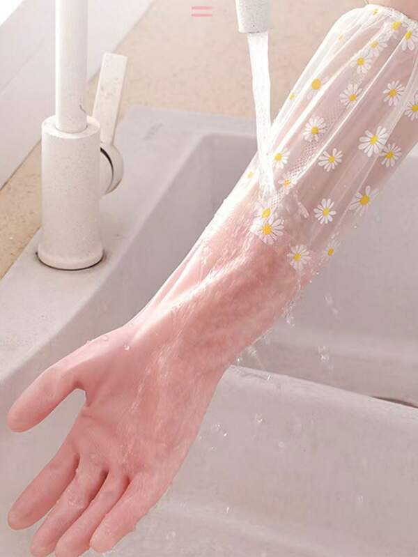 1 pieza Guantes impermeables de PVC con estampado floral de unicolor, de longitud extendida para uso doméstico, limpieza de cocina, lavandería, para todas las estaciones