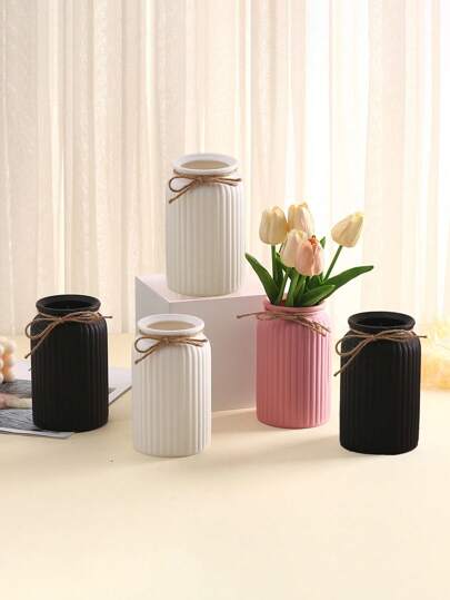 2/1pc Gestreepte Crème ative Vase, Shatterproof Impact Resistant Home Balcony, Living Room, Bedroom, Dining Table, Office, Artificial Flowers, Fresh Dried Wedding ation, Holiday Graduation Non Waterproof Plastic Vase view 4