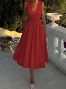 Vestido elegante de estilo francés con cuello en V, pliegue en la cintura y falda acampanada, sin mangas, patchwork vintage, fluido para playa, fiesta y ocasiones formales -Nuevo lanzamiento 2025
