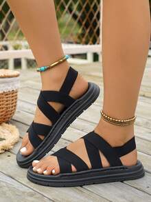 Teens' Fashionable Elastic Band Flat Slip-On Sandals - Black - View 7