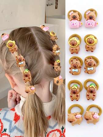 10pcs Cute Capybara Hair Ties For Girls - Colorful Cartoon Resin Towel Loop Bands, Non-Textile, Perfect For Youngsters' Daily & Casual Wear, Cute Hair Accessories