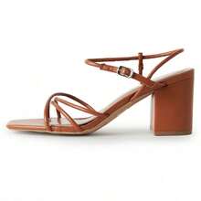 Women Strappy Square Toe Chunky Block Mid Heel Sandals – Cute Elegant Buckle Strap Heels For Spring/Summer Weddings, Bridesmaid, Date Night, Party, Prom & Business Casual Wear [Size Up Half Size] - 棕褐色人造皮革 - 查看 2