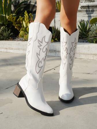 Women's Mid-Calf V-Trim Western Boots, Round Toe, Glossy Sole, Tall Riding Style, Design