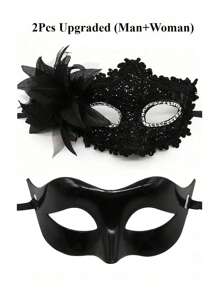 2 PIEZAS Máscaras de maquillaje de encaje negro y plástico diseñadas para hombres y mujeres, ofreciendo una opción elegante para eventos como bailes de máscaras, fiestas de Halloween, o celebraciones del Día de San Valentín