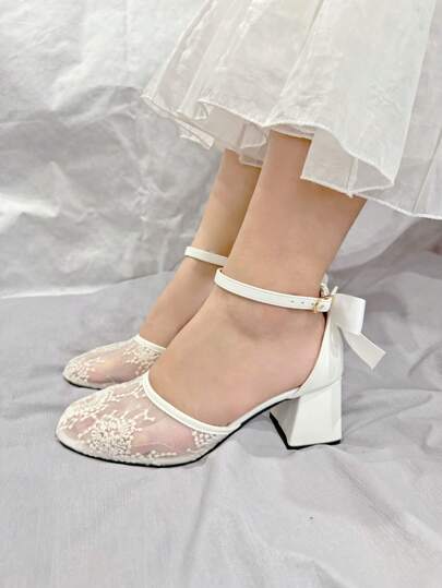 1 par de zapatos de tacón alto blancos para adolescentes y tallas grandes, diseño de malla floral transpirable y cómodo, adecuado para fiestas elegantes, cumpleaños, actuaciones, vacaciones