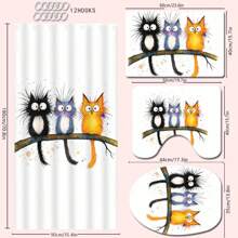 4 Stücke süße Cartoon Katzen Badezimmer Duschvorhang Set, beinhaltet Badematte, U-förmiger Toilettendeckel, wasserdichter Duschvorhang, modische Vorhangpaneele für Badezimmerdekoration, moderner Stil, keine Bohrung erforderlich, maschinenwaschbares Badezimmerzubehör für den Schulanfang