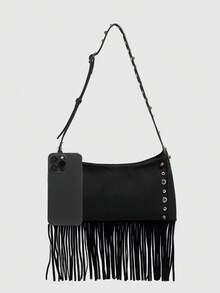 新款时尚春夏百搭铆钉流苏小众设计朋克西部街头波西米亚风单肩包斜挎包度假旅行黑色 - 黑色 - 查看 6