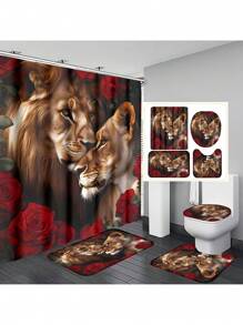 1pc/4pcs Lion Rose Pattern Shower Curtain Sets Gifts, Romatic Bathroom Sets With Shower Curtain And Rugs, WaterProof Home Bathroom Decoration And Toilet Floor Mats 3pcs Set With 12 Shower Curtain Hooks Bathroom Accessories Back To School