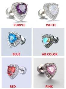 1 Stück medizinische Hypoallergene Ohrstecker mit 5 farbigen Strass-Herzen aus 316L Titan-Stahl, schweres Design mit weißem Herz, nicht verblassend, 20G 0,8mm dünner Schaft, unisex Paar Piercingschmuck