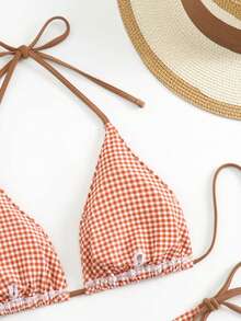 Bộ đồ bơi bikini in họa tiết kẻ sọc xanh trắng mới 2025 dành cho nữ, phong cách Châu Âu và Mỹ - Cà phê nâu - Xem 4